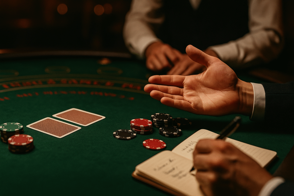 Jugador de blackjack cometiendo errores estratégicos frente al crupier, ilustrando fallos comunes que se deben evitar en el juego.