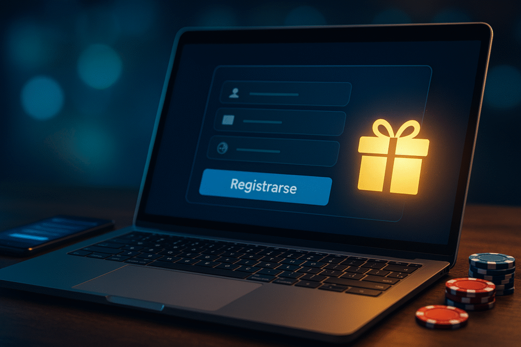 Miniatura que muestra cómo registrarse en 1xBet y aprovechar al máximo su bono de bienvenida, con fondo oscuro, botón de registro y un ícono de regalo.