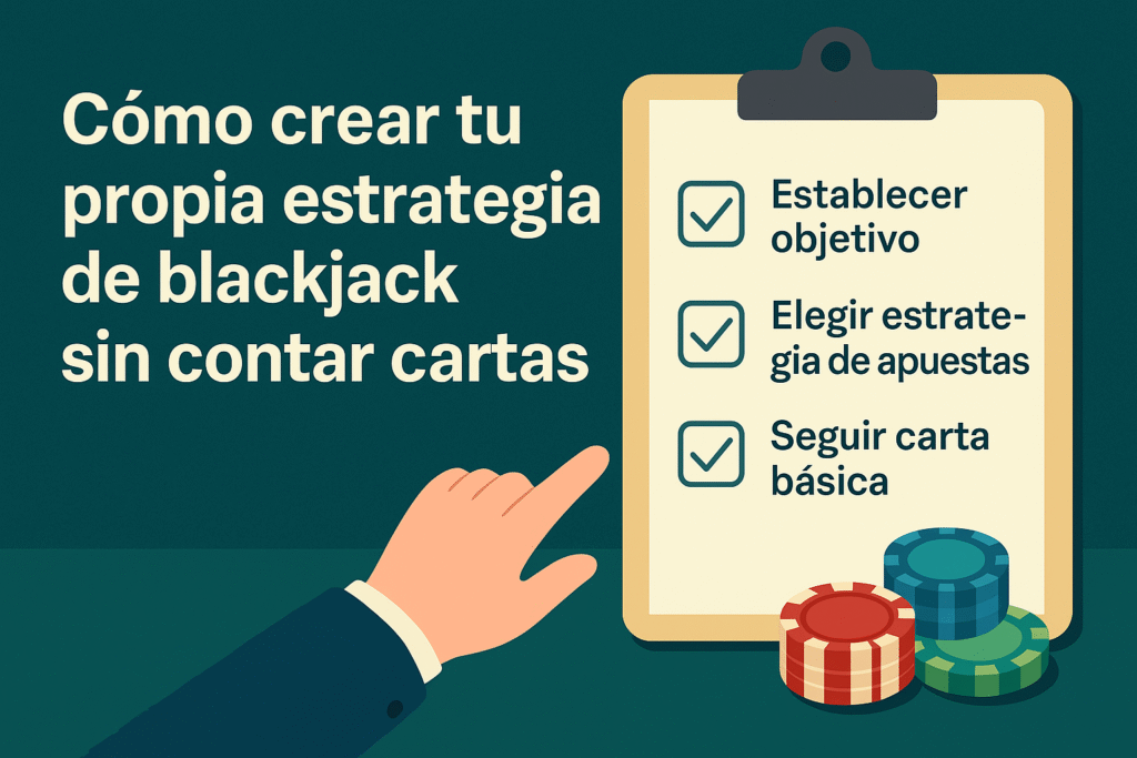 Ilustración que representa cómo crear una estrategia de blackjack sin contar cartas, con checklist y fichas de casino.