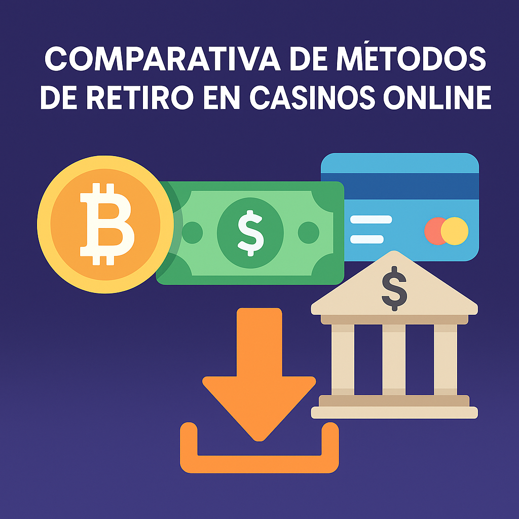 Íconos de métodos de retiro en casinos online: criptomonedas, billetes, tarjeta y banco.