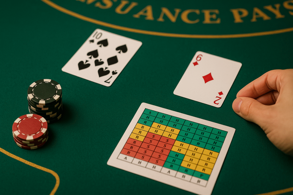 Jugador de blackjack tomando decisiones estratégicas en la mesa, aplicando la estrategia básica para maximizar sus probabilidades de ganar.