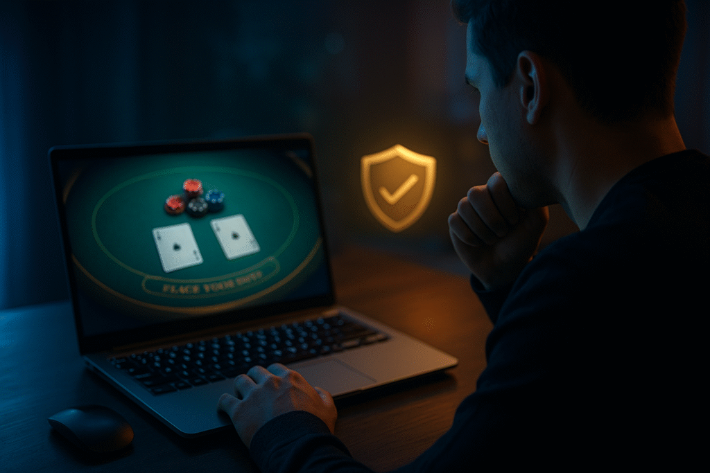 Jugador de blackjack online evaluando la seguridad y confiabilidad de diferentes casinos en su computadora.