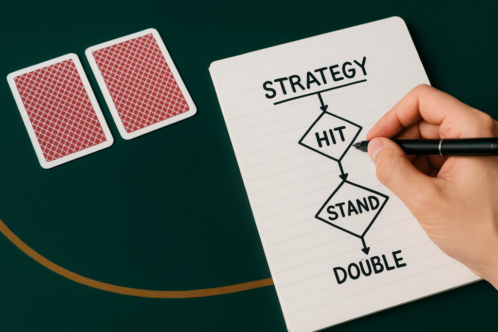 Jugador de blackjack diseñando su propia estrategia de juego, tomando notas y planificando decisiones sin recurrir al conteo de cartas.