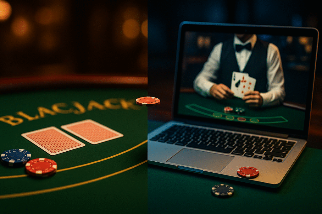 Comparación entre blackjack clásico y blackjack en vivo, mostrando las diferencias en ritmo, interacción y experiencia de juego.