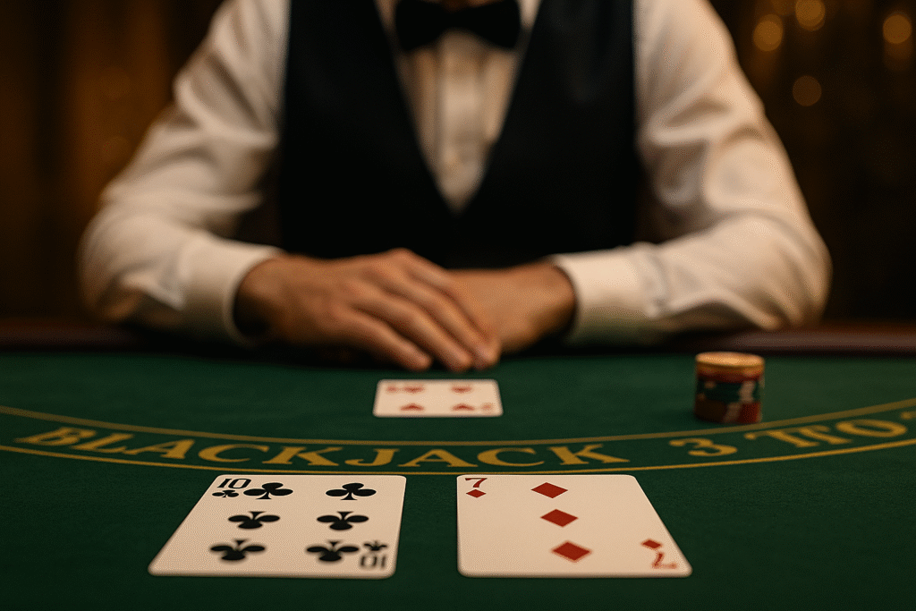 Jugador de blackjack observando la carta descubierta del crupier para decidir su próxima jugada según la estrategia básica.