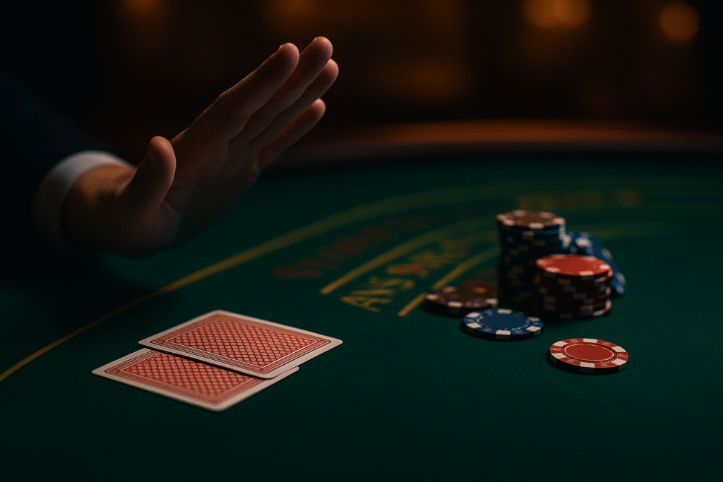 Miniatura con el texto “Señales de que Debés Parar en Blackjack (Antes de Que Sea Tarde)”, con ilustraciones de cartas de blackjack y un cartel de alto sobre fondo azul verdoso, simbolizando la precaución.