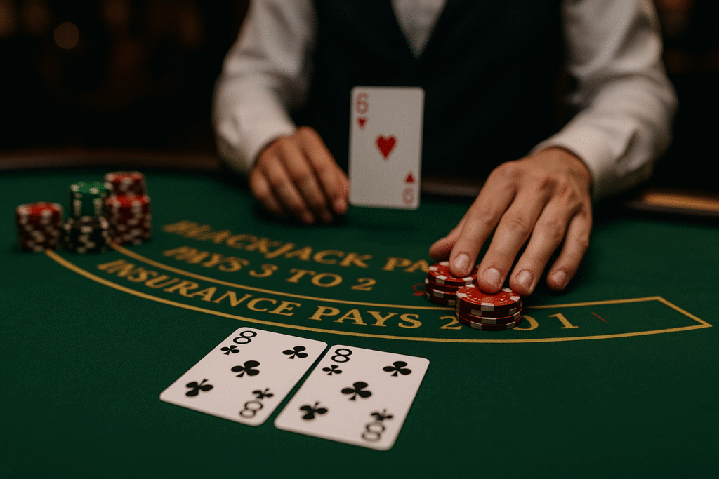 Explicación gráfica de las situaciones correctas para doblar o dividir en blackjack, destacando errores comunes que los jugadores suelen cometer.