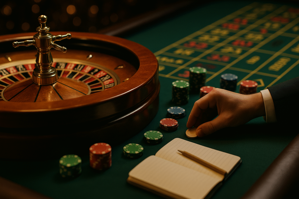 Jugador administrando su presupuesto mientras apuesta en la ruleta, aplicando una estrategia de gestión del bankroll efectiva.