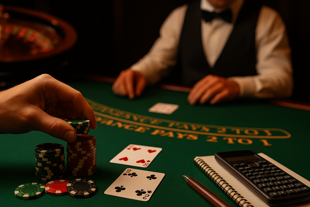 Jugador de blackjack ajustando sus apuestas en función de su bankroll durante una partida en mesa de casino.