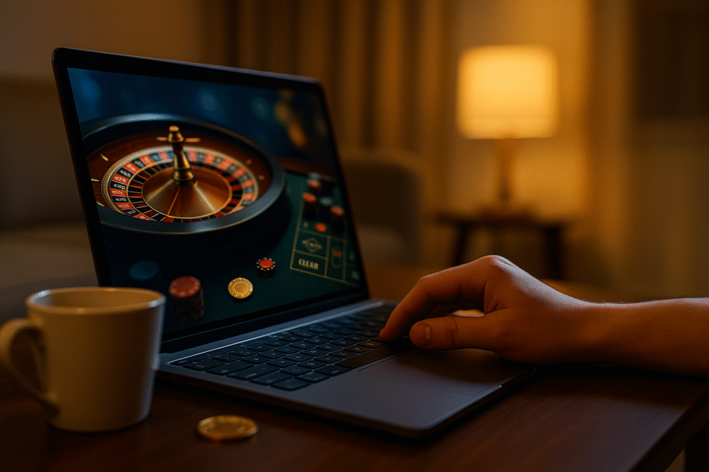 Jugador disfrutando de una partida de ruleta online en su computadora, aprovechando bonos y comodidad desde casa.