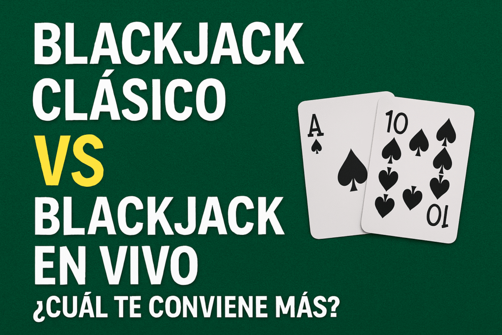 Comparación visual entre el blackjack clásico en casino online y el blackjack en vivo con crupier real, destacando las diferencias clave en experiencia y dinámica de juego.