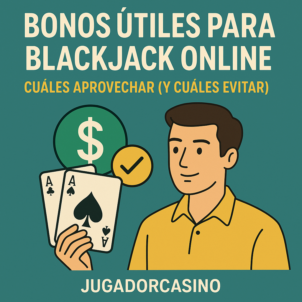 Ilustración representando bonos útiles para jugar al blackjack online, con cartas, símbolos de dinero y un personaje masculino