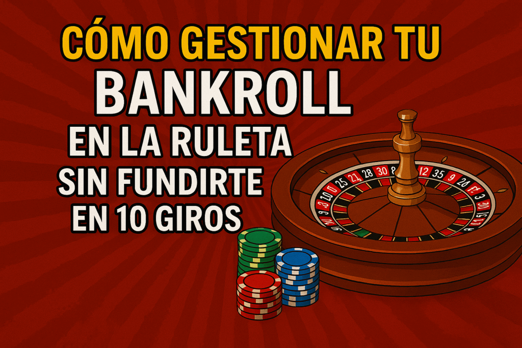 Miniatura con el texto “Cómo Gestionar tu Bankroll en la Ruleta sin Fundirte en 10 Giros”, con ilustración de fichas de ruleta ordenadas y una ruleta de fondo, transmitiendo la idea de control y gestión del dinero.