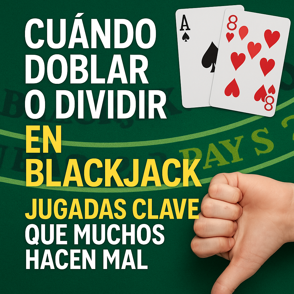 Explicación gráfica de las situaciones correctas para doblar o dividir en blackjack, destacando errores comunes que los jugadores suelen cometer.