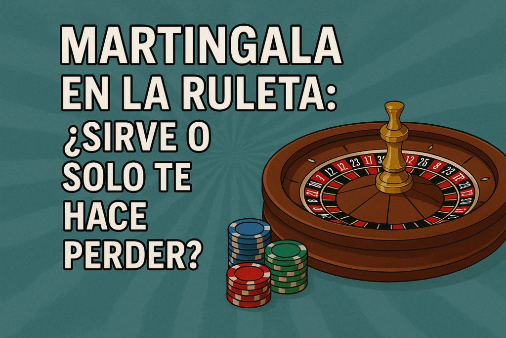 Miniatura con el texto “Martingala en la Ruleta: ¿Sirve o Solo Te Hace Perder?”, acompañada de una ruleta detallada y fichas de apuesta sobre un fondo azul verdoso, ilustrando el concepto de progresión de apuestas.