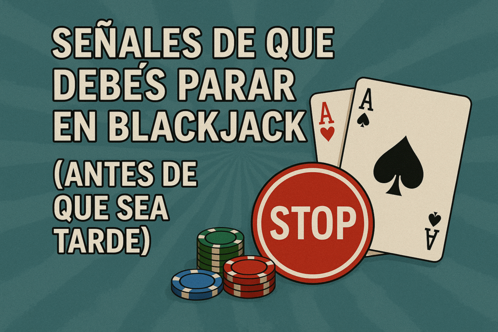 Miniatura con el texto “Señales de que Debés Parar en Blackjack (Antes de Que Sea Tarde)”, con ilustraciones de cartas de blackjack y un cartel de alto sobre fondo azul verdoso, simbolizando la precaución.