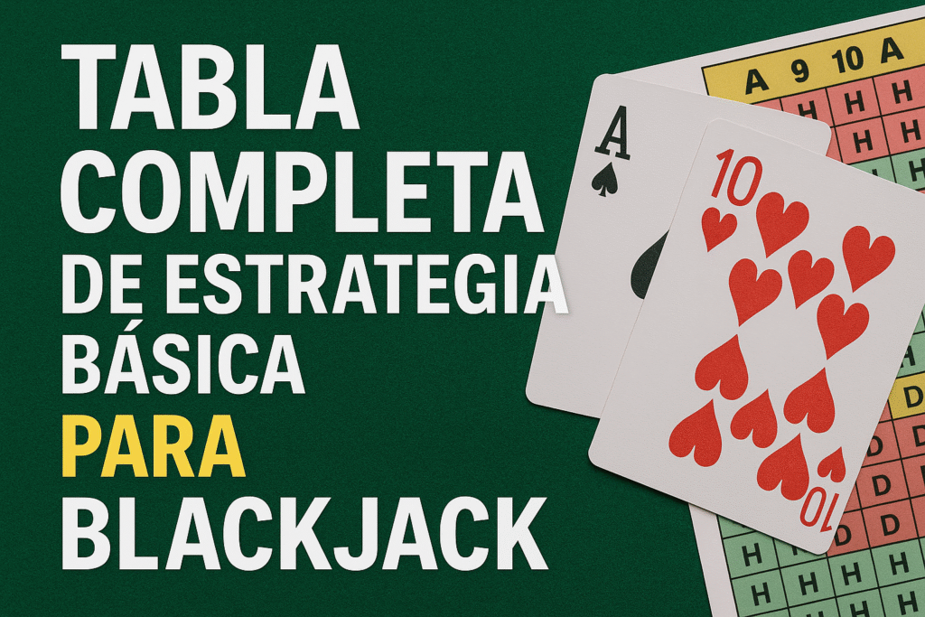 Tabla completa de estrategia básica para jugar al blackjack de forma óptima, con recomendaciones específicas para cada mano según la carta visible del crupier.