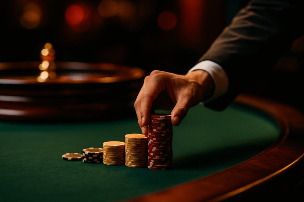 Fichas apiladas sobre una mesa de ruleta representando la estrategia Martingala, símbolo de riesgo y falsa seguridad.