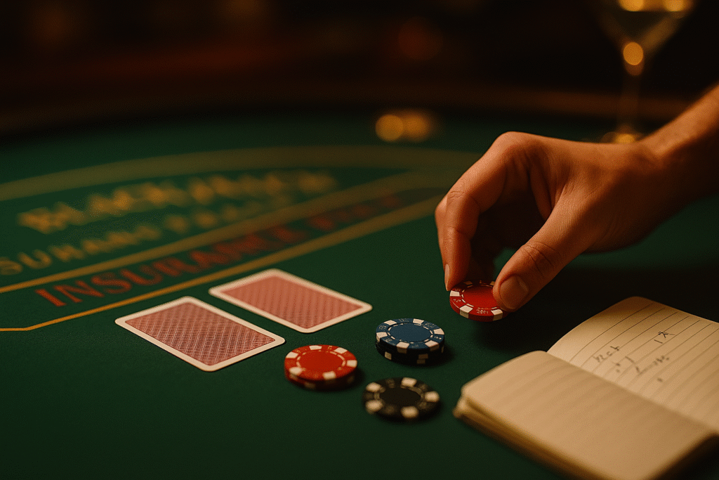 Jugador apostando pequeñas cantidades en una mesa de blackjack, aplicando una estrategia para aprovechar al máximo su presupuesto.