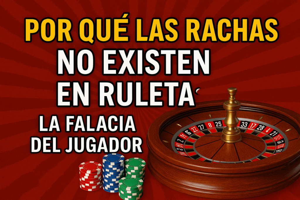 Miniatura con el texto “Por Qué las Rachas No Existen en Ruleta: La Falacia del Jugador”, ilustrada con una ruleta de casino sobre fondo oscuro, destacando la idea de que no existen rachas verdaderas en el juego.