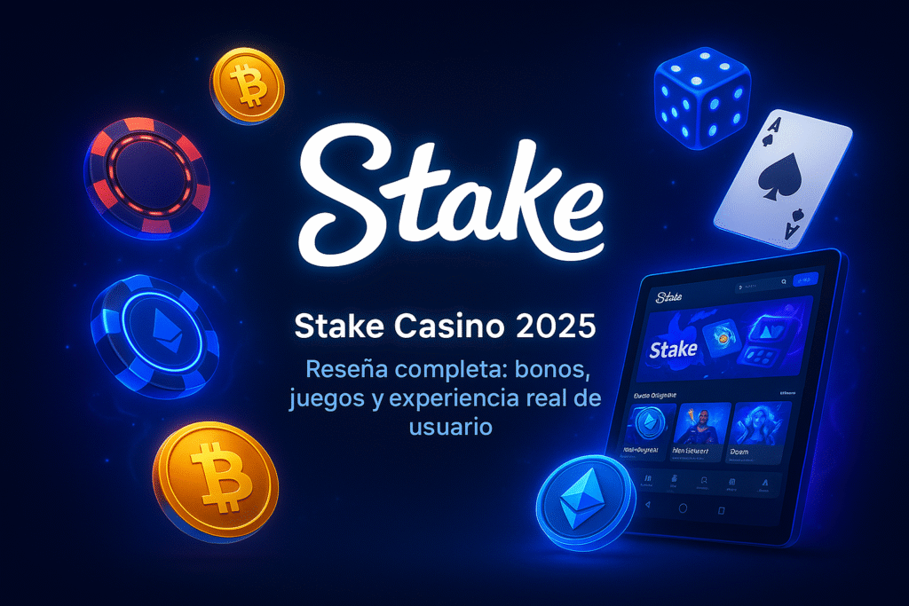 Captura promocional de Stake Casino mostrando su interfaz moderna con juegos de casino en línea, apuestas deportivas y bonos destacados.