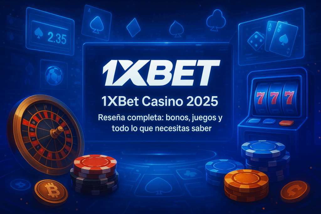 Interfaz de 1xBet Casino con juegos de casino en vivo, tragamonedas y opciones de apuestas deportivas disponibles en 2025.