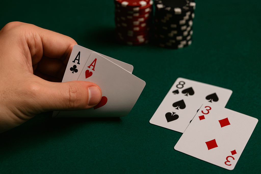 Cartas iniciales de póker fuertes y débiles sobre mesa verde, ideal para aprender qué manos jugar