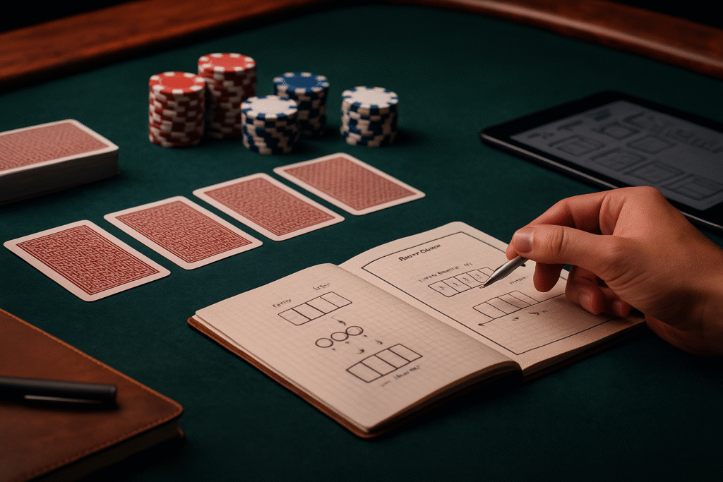 Mesa de póker verde con cartas boca abajo, fichas organizadas y manos sosteniendo cartas, representando una escena de aprendizaje para principiantes.