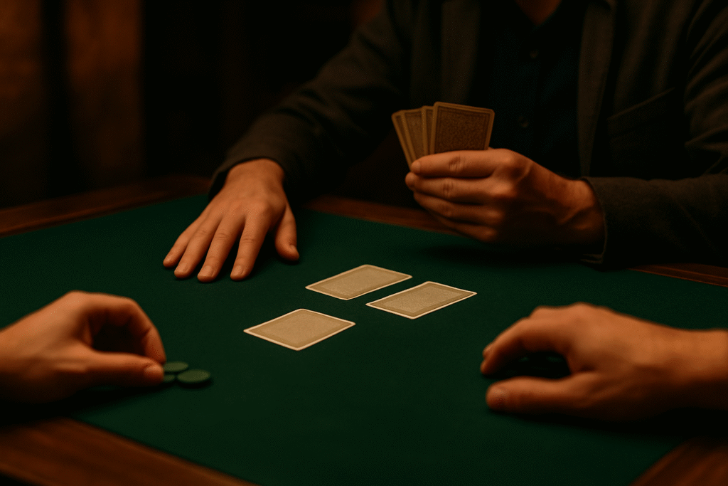 Escena de dos jugadores de Truco Argentino con las cartas dadas vuelta sobre la mesa verde, mostrando tensión estratégica sin revelar valores.