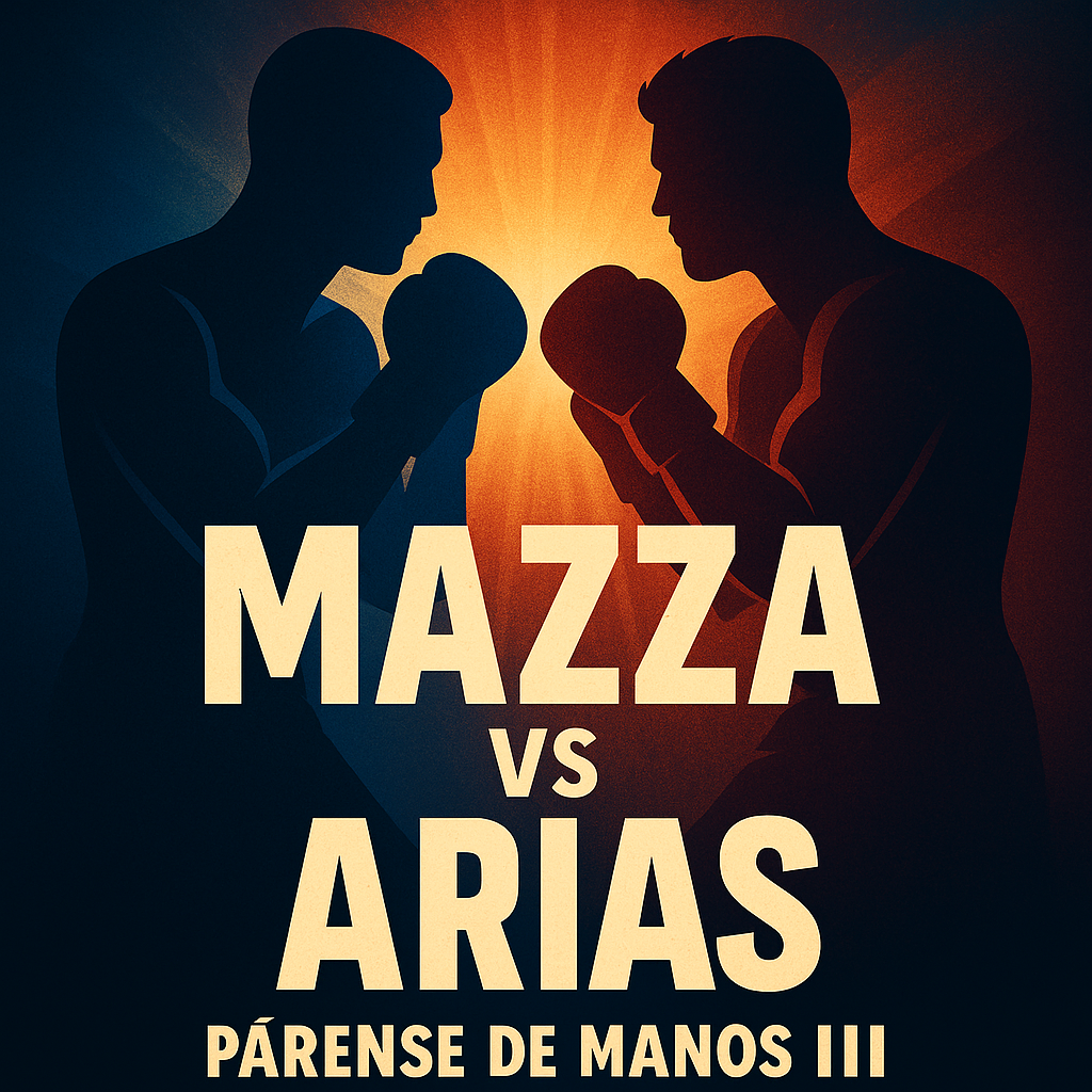Póster del combate entre Gero Arias y Tomás Mazza en Párense de Manos III, enfrentados en el ring con fondo rojo intenso y luces cruzadas.
