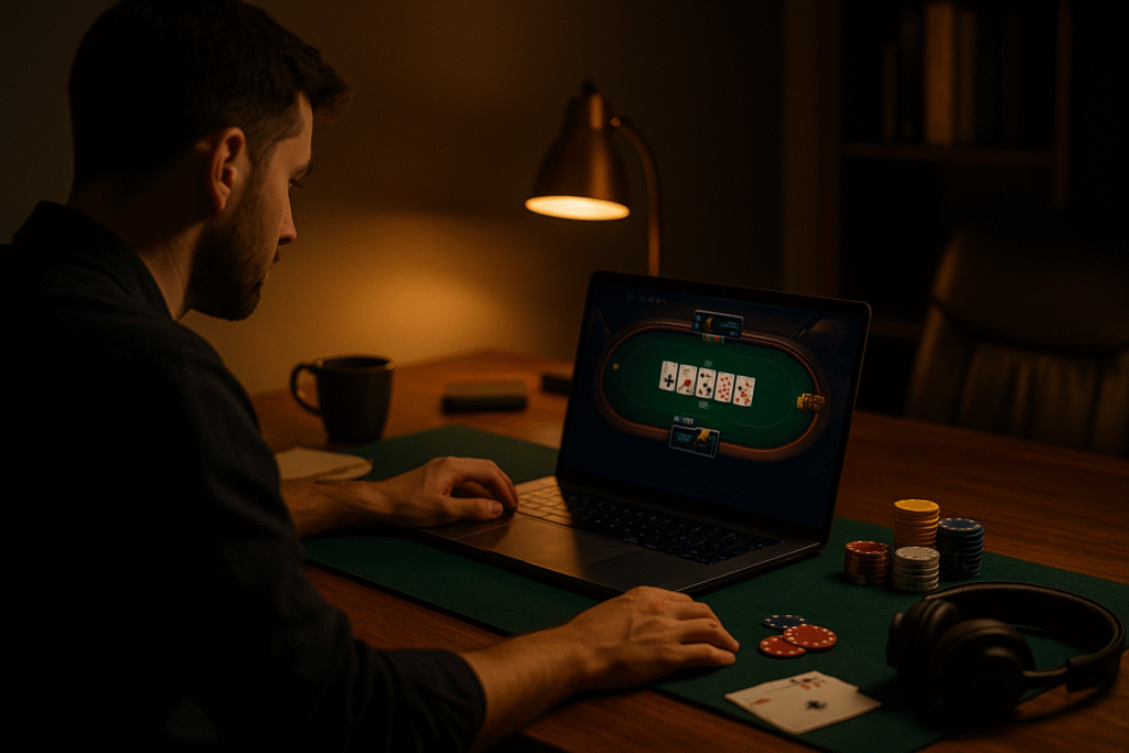 Jugador profesional concentrado en una partida de póker online en su escritorio de trabajo nocturno