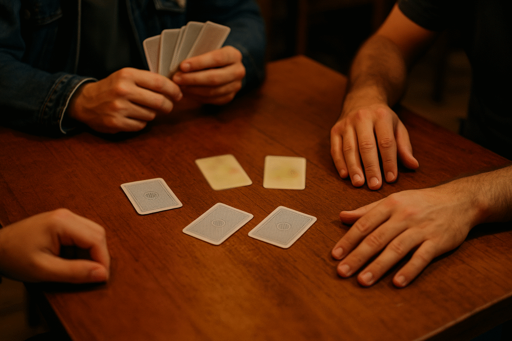 Mesa de madera con dos jugadores de Truco Argentino y cartas boca abajo, sin texto en la imagen.