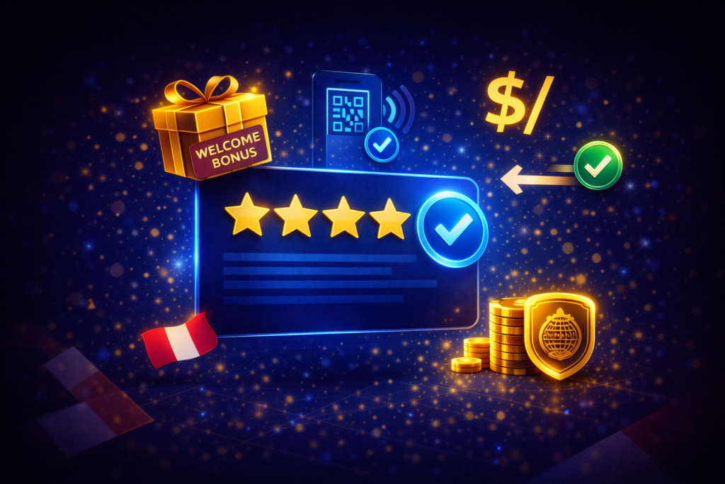 Reseña 1xBet Perú 2026 con estrellas de valoración, bono dorado y símbolo sol peruano sobre fondo azul