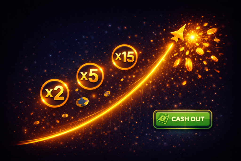 Trayectoria de vuelo ascendente con multiplicadores dorados representando el juego crash Aviator 2026