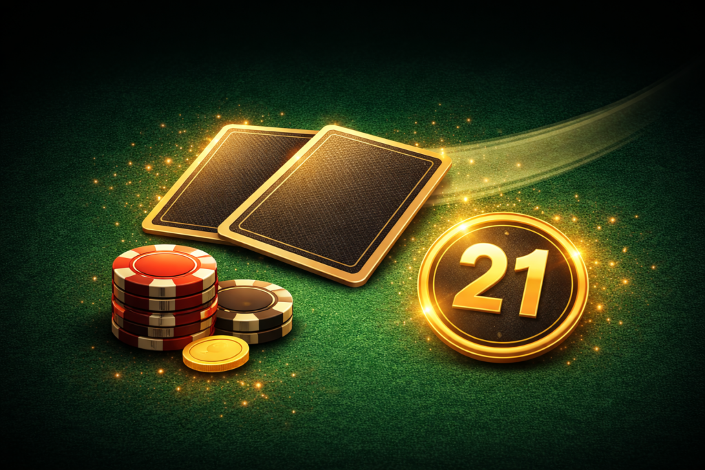 Mesa de blackjack online con cartas abstractas boca abajo y ficha dorada mostrando puntuación 21