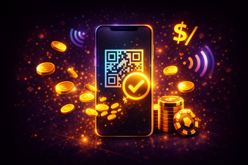 Smartphone con pago QR genérico y símbolo de sol peruano representando depósitos en casinos online con Yape en Perú 2026