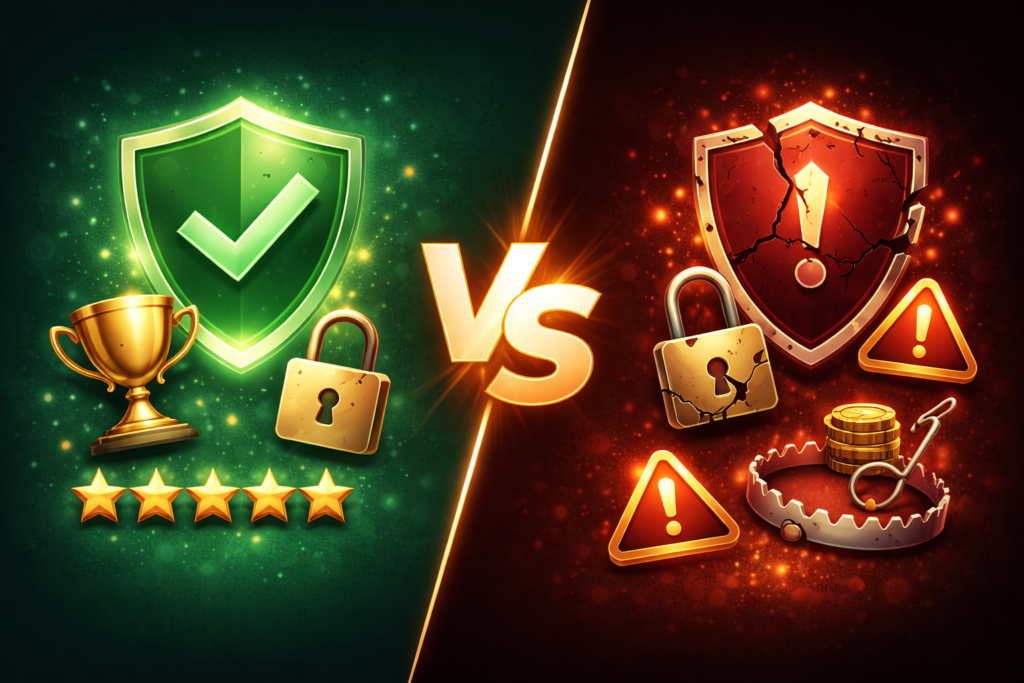 Comparativa visual entre casino online confiable con escudo verde y casino fraudulento con señales de alerta rojas