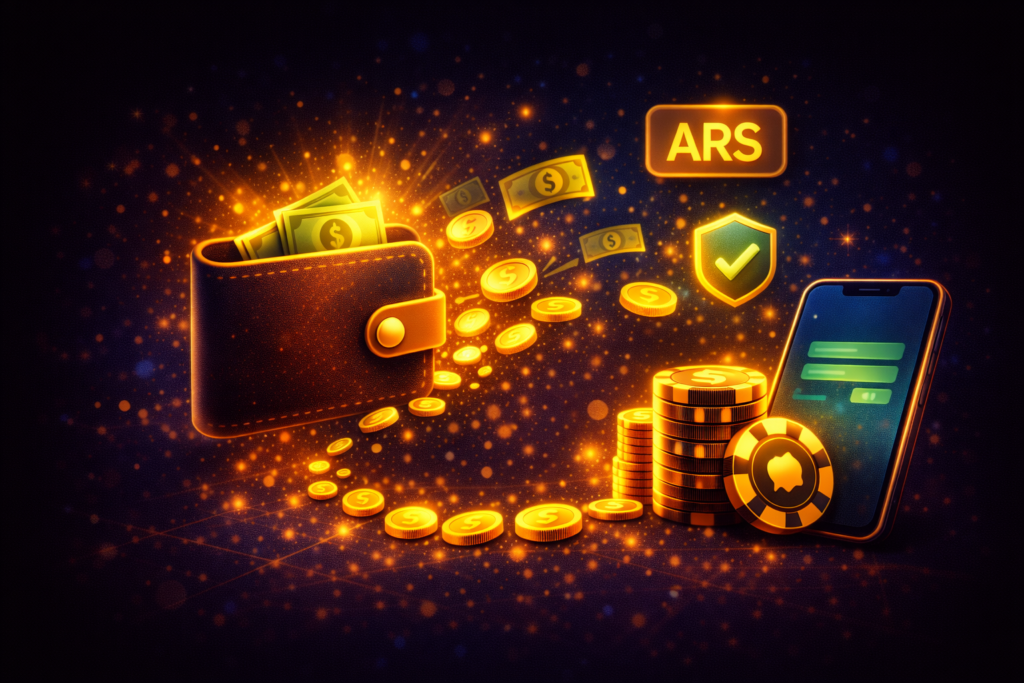 Billetera digital glowing con monedas en pesos argentinos hacia fichas de casino representando Mercado Pago en casinos online Argentina