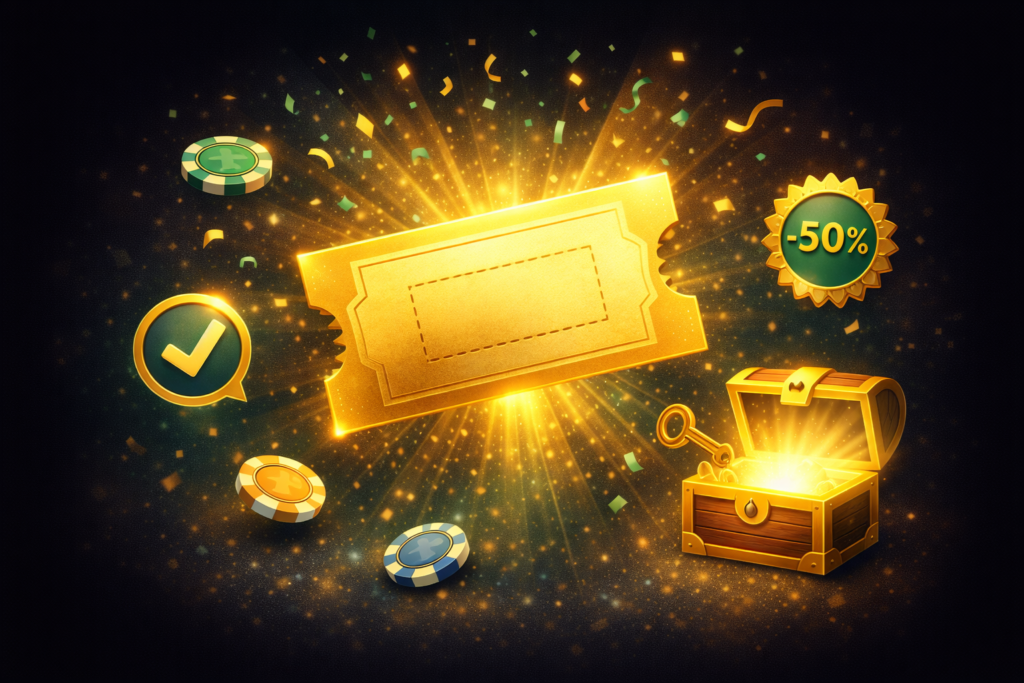 Código promocional de casino online dorado con cofre de bonos y fichas 2026