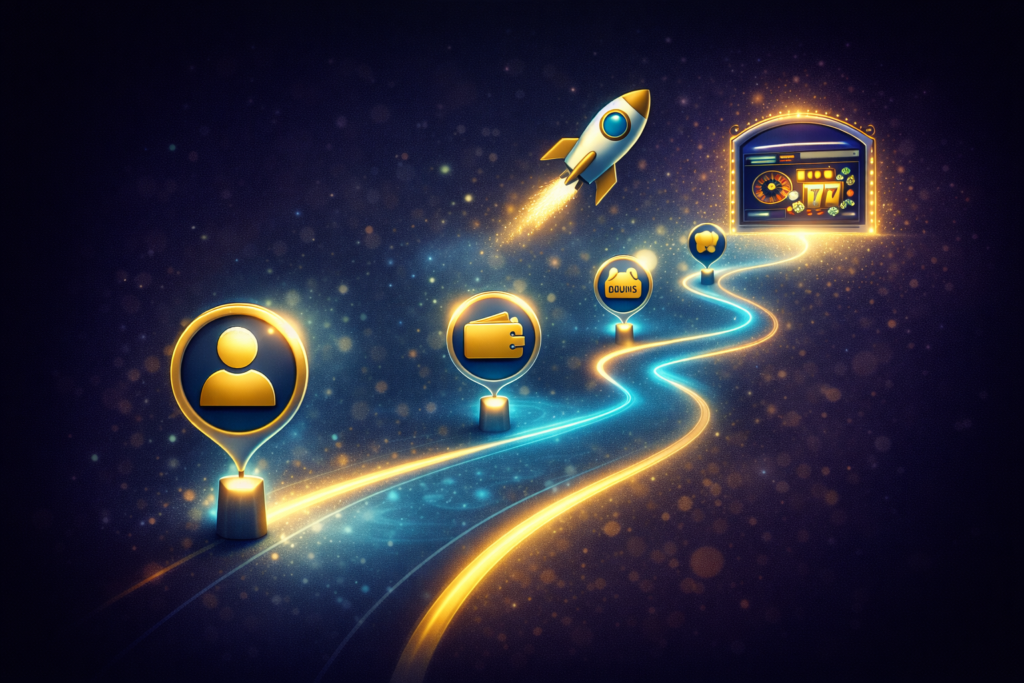 Camino luminoso con hitos de registro, depósito y primer bono para empezar en un casino online desde cero