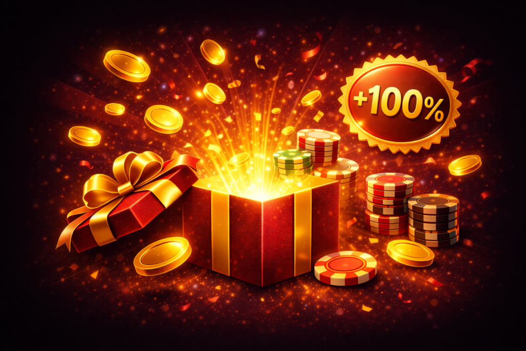 Bono de bienvenida de 1Win 2026 con caja de regalo dorada y fichas sobre fondo rojo oscuro