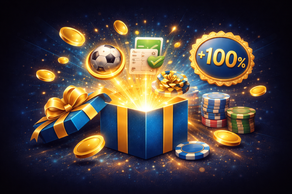 Bono de bienvenida de 1xBet 2026 con cofre dorado y fichas de casino sobre fondo azul