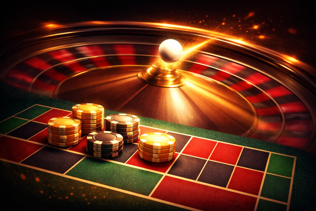 Ruleta online en movimiento con efecto blur y fichas sobre tapete para guía de principiantes 2026