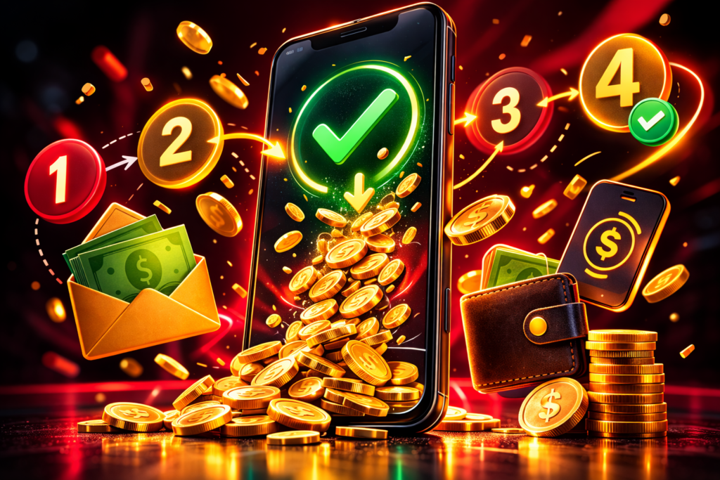 Retiro de dinero de 1Win paso a paso 2026 con smartphone y pasos numerados sobre fondo rojo oscuro