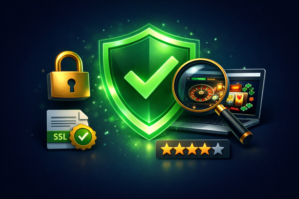 Escudo verde con candado verificando seguridad de casino online antes de depositar