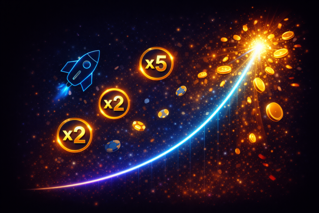 Curva de multiplicador crash game disparándose al alza con monedas y badges x10 en casino online 2026