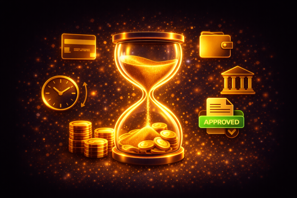 Reloj de arena con monedas acumulándose e íconos de métodos de pago representando tiempos de retiro en casino online