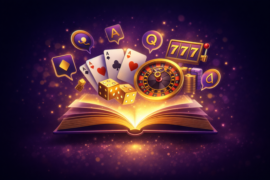 Libro abierto con símbolos de casino explicando el glosario de términos de casino online en español