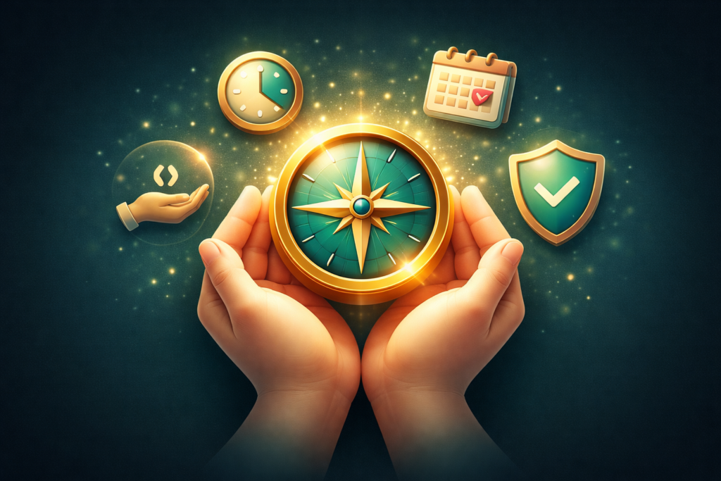 Manos protegiendo un orbe luminoso con íconos de límites de tiempo y autoexclusión en casino online