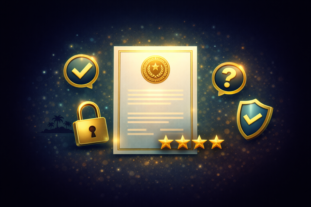 Documento de licencia Curaçao con sello oficial y escudo de garantías para casinos online